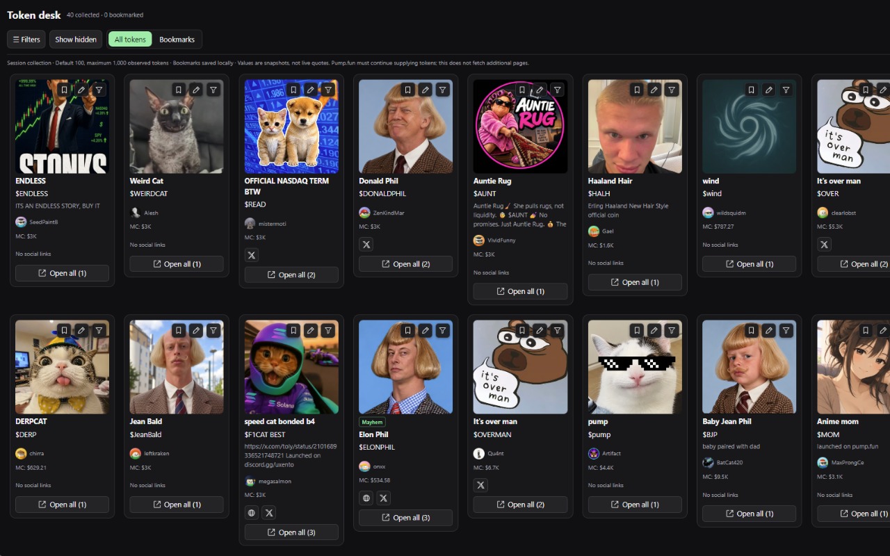 Pump Lens dashboard showing token cards, bookmarks, and filters